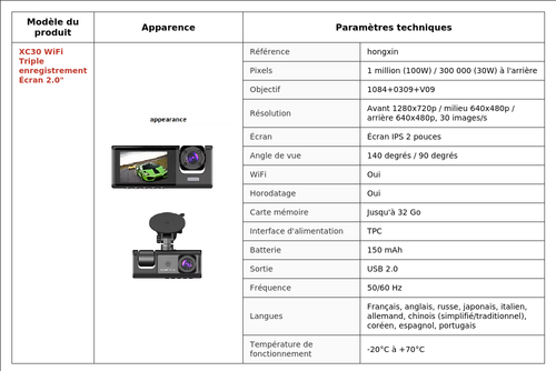 Dash cam XC30 WiFi – Caméra avant/arrière, écran 2